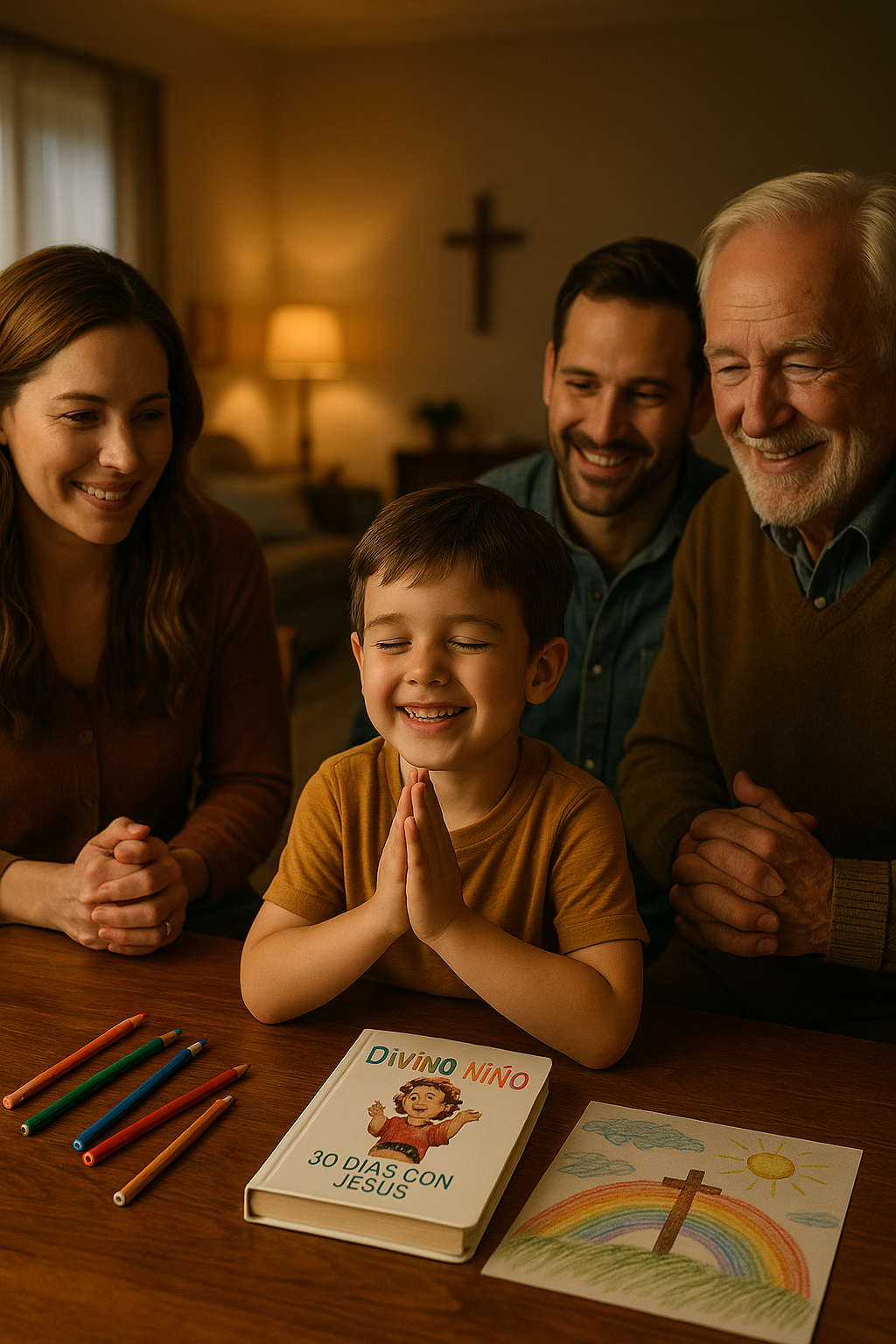 Família unida em oração, três gerações, momento de fé e alegria